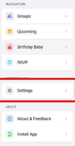 Settings in Menu